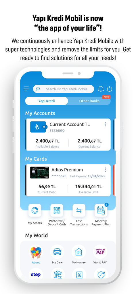 Yapı Kredi Mobile - Startbildschirm der Yapi Kredi Mobile App mit Kontoständen, Kreditkarten und Lifestyle-Diensten