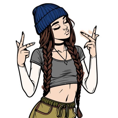 realistic teenage girl with braids and a beanie and crop top doing 🫶🏼