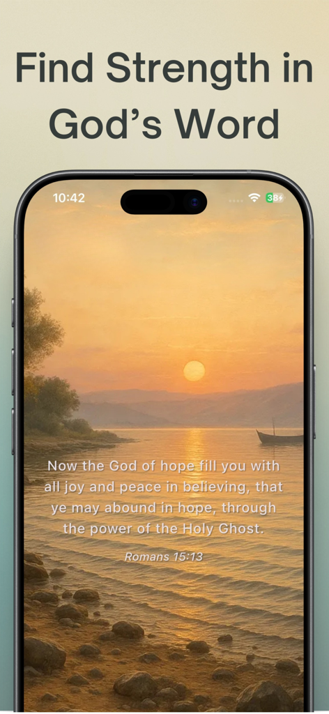 Bible Journey: Visual Stories - A daily Bible verse from Romans displayed over a peaceful sunset background in the Bible Journey app