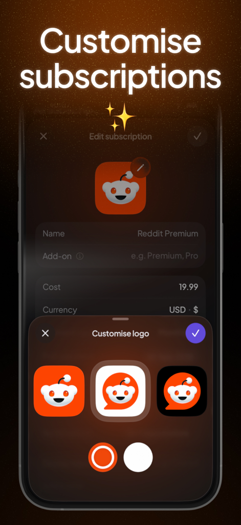 Subby app interface showing customization options for a Reddit Premium subscription logo