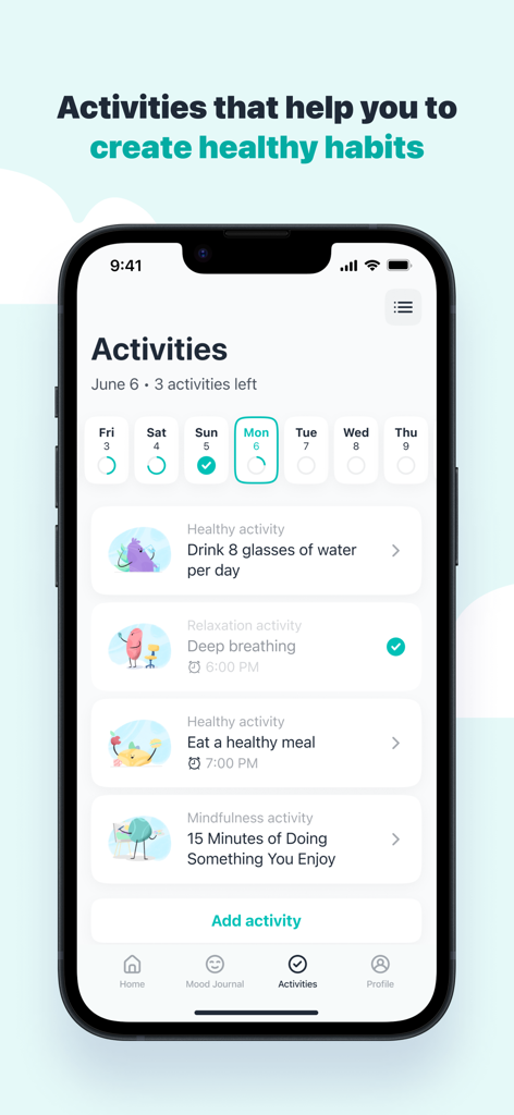 Sensa - Mental Coach - A screenshot of the Sensa app showing the activities list for building healthy habits including deep breathing and mindfulness.
