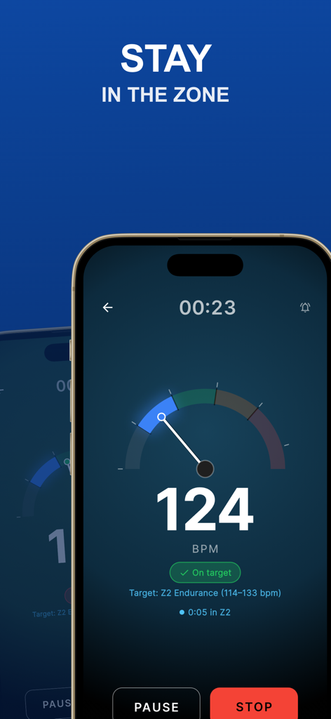 Chest Strap HR Monitor - Heart rate monitor app display showing real-time BPM and Zone 2 endurance target on a smartphone gauge