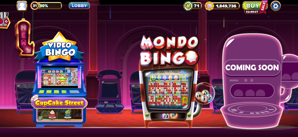Grand Casino: Slots Games - Grand Casino app lobby showing video bingo game options including Cupcake Street and Mondo Bingo.