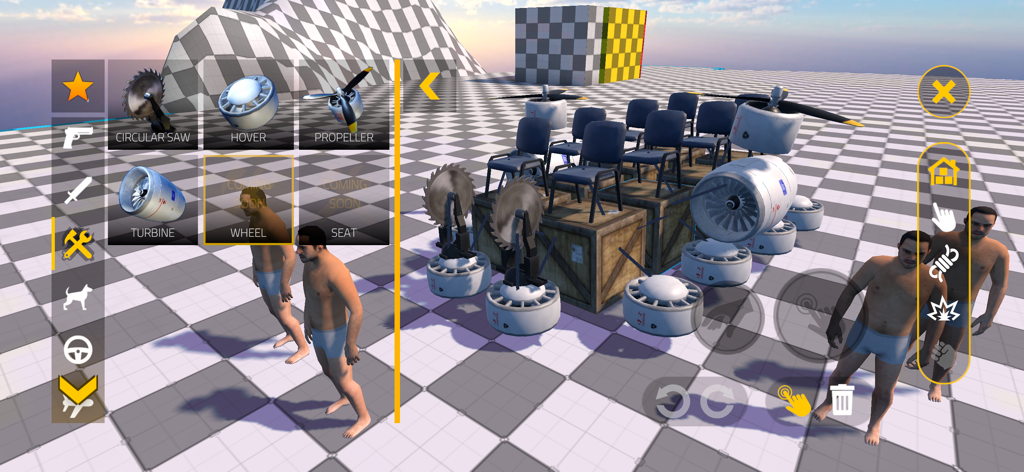 In-game view of BloodBox Sandbox showing the building interface and a custom vehicle construction on a checkered map.