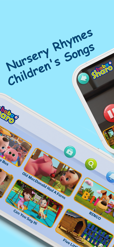 Interface de l'application BabaSharo Kids affichant une sélection de comptines et chansons populaires pour enfants.