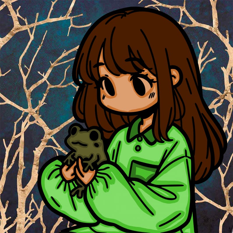 girl with long hair and a oversized shirt. and she is holding a frog