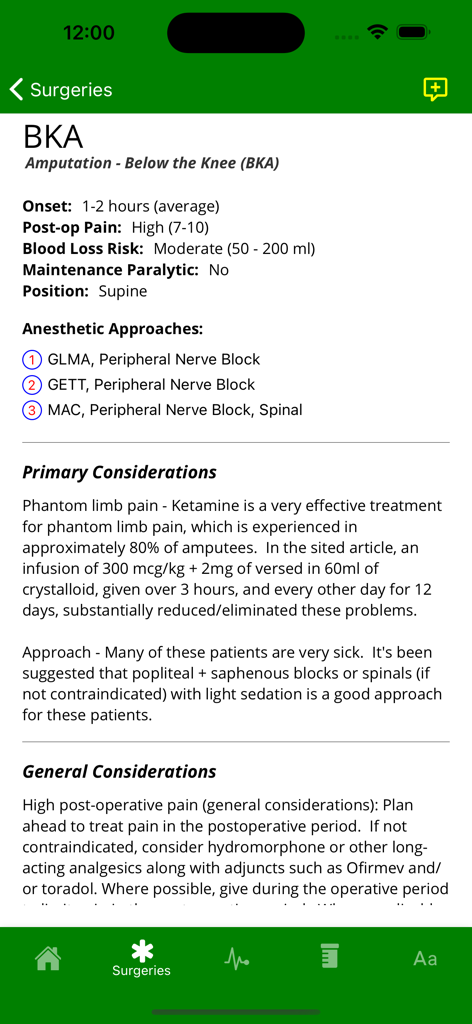 Master Anesthesia - Master Anesthesia app displaying anesthetic implications and approaches for Below the Knee Amputation surgical cases.