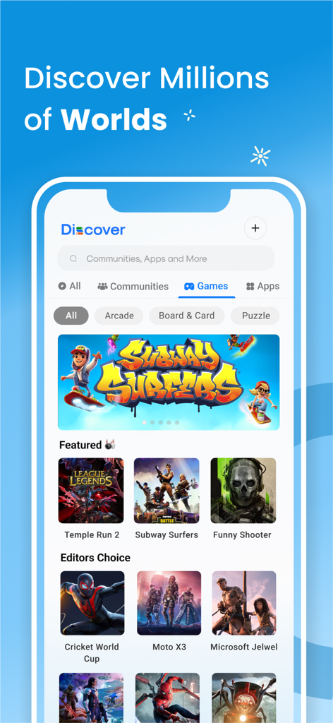 SwitchX - Communities with AI - SwitchX app discover screen showing featured games and community creations