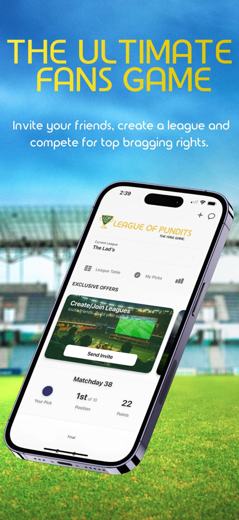 League Of Pundits - Interfaz de la aplicación móvil League of Pundits para predicciones de fútbol y ligas de amigos