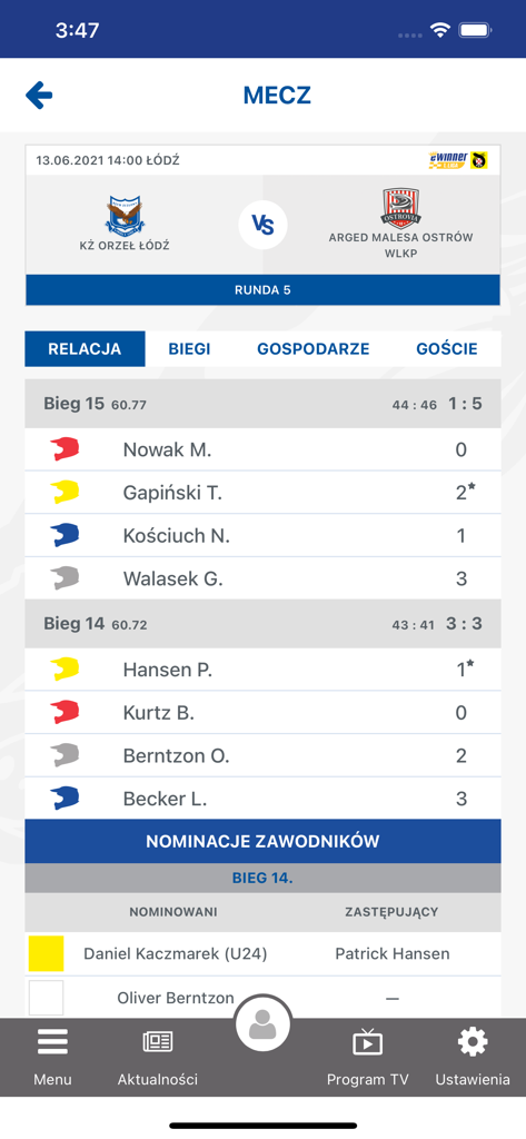 Official Polish Speedway app showing live match results and individual heat scores between two teams
