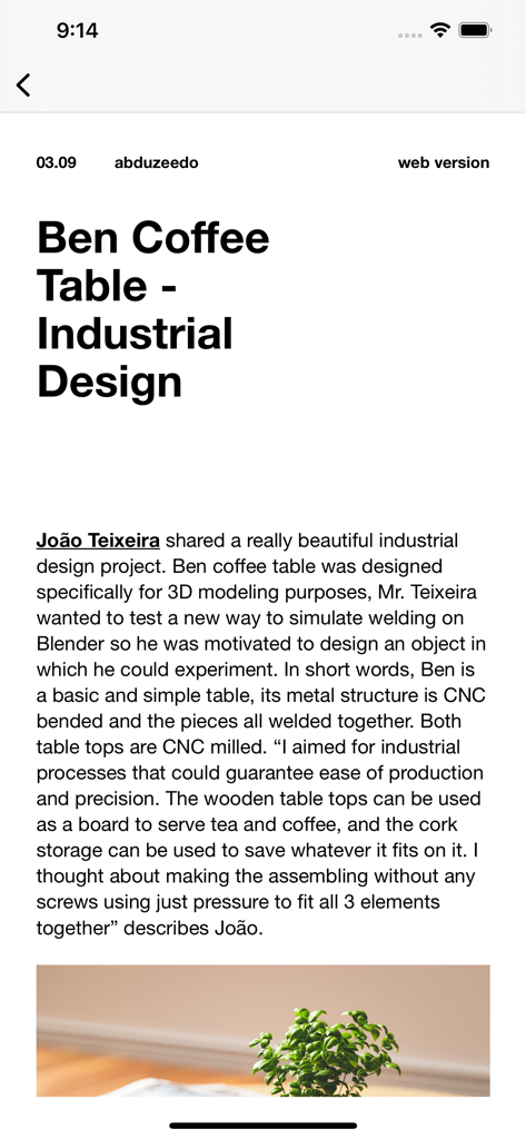 abdz.do - Minimalist article view in the Abduzeedo app featuring an industrial design project titled Ben Coffee Table.