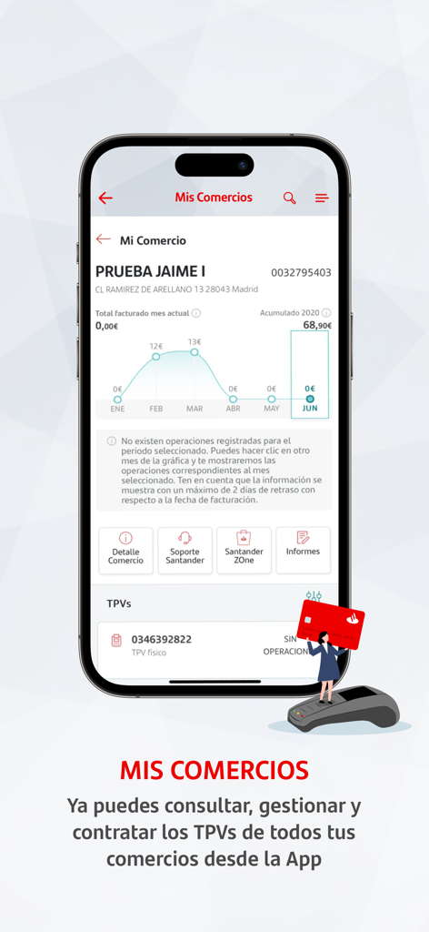 Interfaz de la aplicación Santander Empresas para gestionar terminales TPV de empresa y realizar un seguimiento del rendimiento de las ventas.