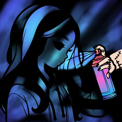 a realistic girl spray painting