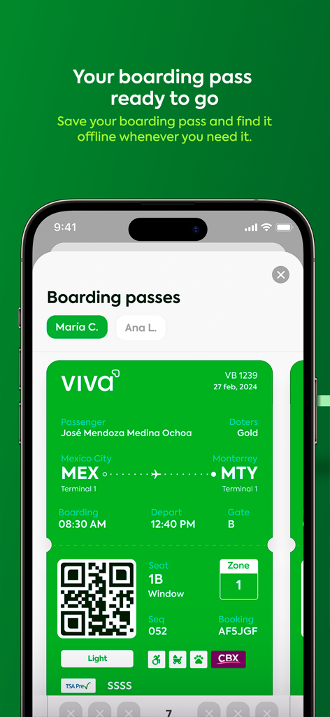 Viva Aerobus: Fly! - Pase de abordar digital para un vuelo de Viva Aerobus mostrado en la pantalla de un teléfono móvil.