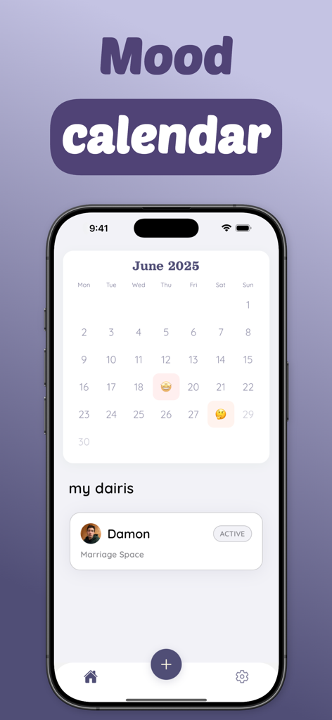 Shared couple diary - dairi - A mobile app interface showing a monthly mood calendar and a shared relationship diary section titled my dairis