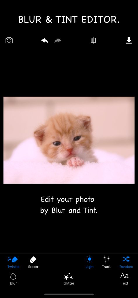 Glitter Photo Editor Lite - Interface of the Glitter Photo Editor Lite app showing the blur and tint tool with a kitten photo