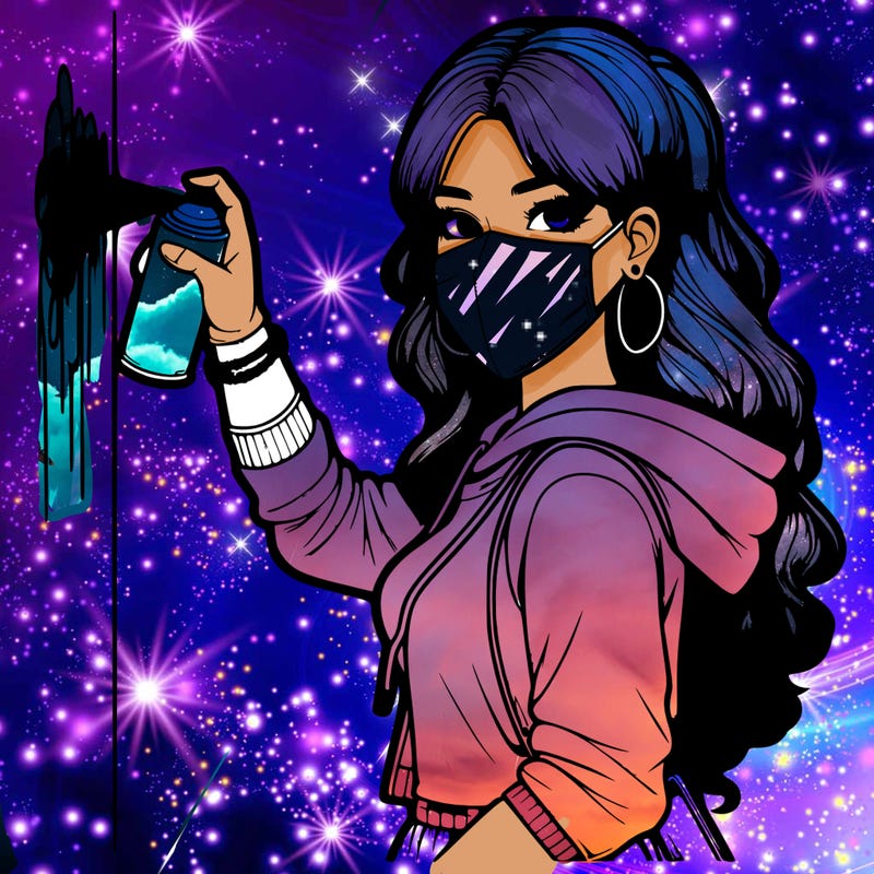 realistic girl with mask spray painting a wall