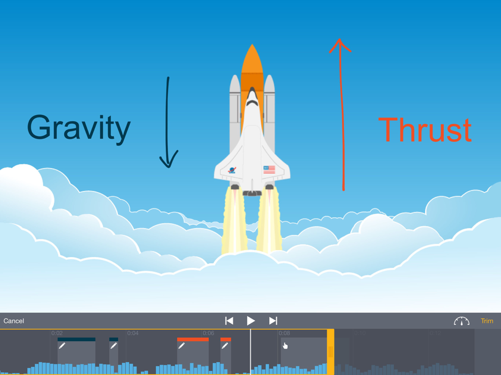 Educreations Whiteboard - Space shuttle science lesson being edited in the Educreations Whiteboard app showing gravity and thrust annotations.
