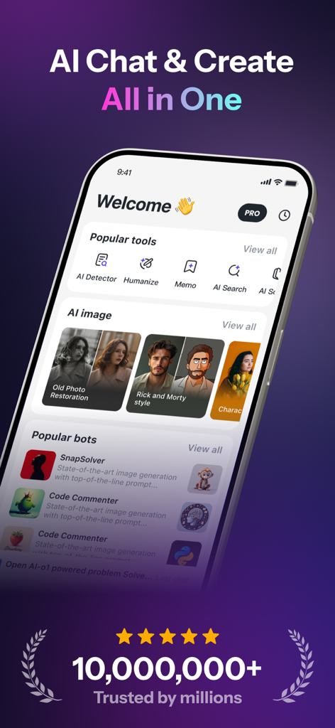 Monica AI: Ultimate AI Assist - Interface de l'application Monica AI affichant des outils IA populaires et des fonctionnalités de génération d'images