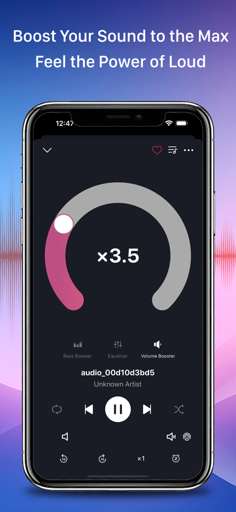 Volume Booster - Bass Booster - iPhone screen displaying the Volume Booster app with a 3.5x amplification dial