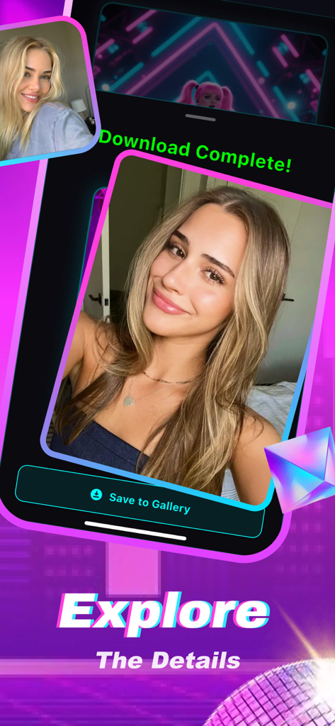 Interfaz de la app Kiku IA mostrando un retrato de neón con un botón de guardar en galería y texto de explorar detalles