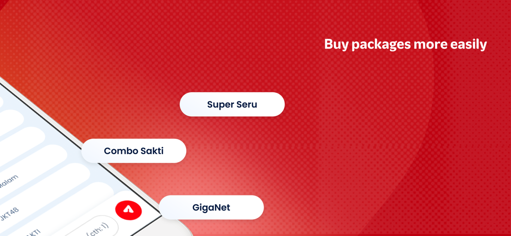 MyTelkomsel Basic - Pantalla de la aplicación MyTelkomsel Básico mostrando opciones para comprar paquetes como Super Seru y Combo Sakti contra un fondo rojo.