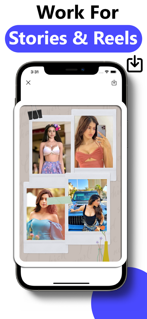 Un'interfaccia di app mobile che mostra una funzione di collage di foto creativa per salvare storie e reel dei social media