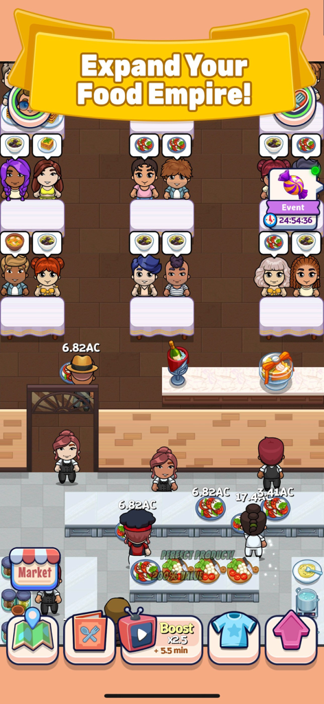 Adventure Chef - Top-down view of a busy restaurant in Adventure Chef with chefs preparing food for customers at tables