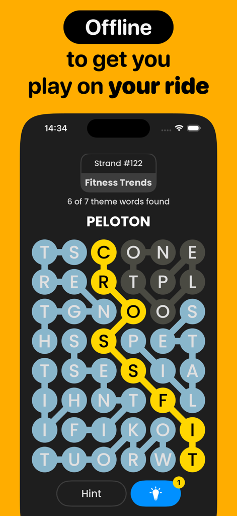 Strands Puzzle: Find Words - A word search puzzle game interface showing the word CrossFit being found in a grid of letters.