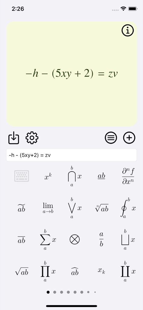 Interface of the Latex Equation Editor mobile app showing a rendered mathematical formula and a selection of LaTeX symbol shortcuts