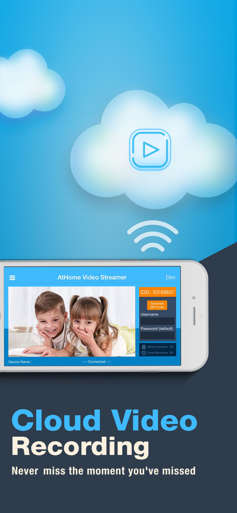 Interfaz de smartphone de la aplicación AtHome Video Streamer con grabación de video en la nube de una transmisión en vivo.