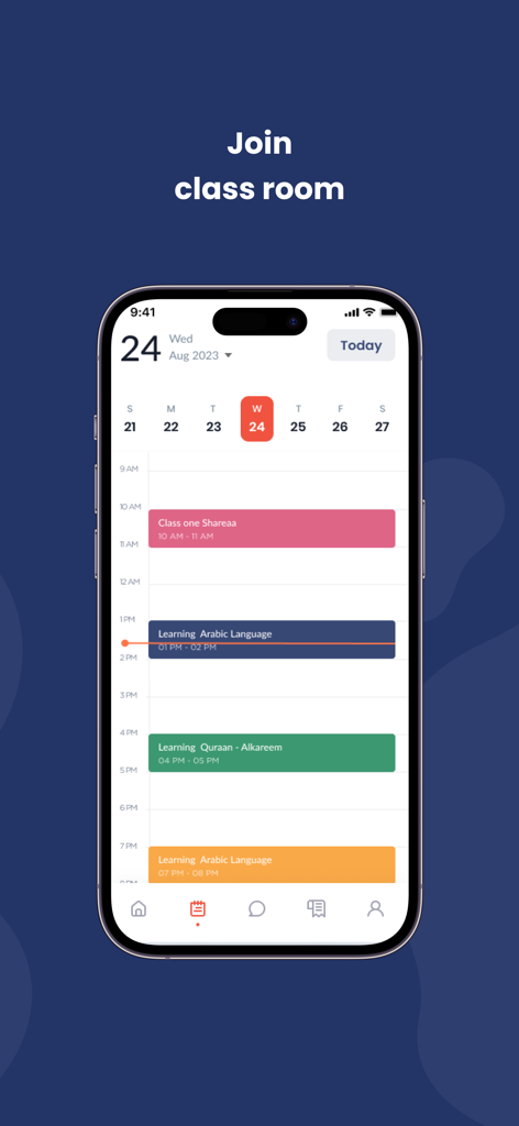 Noor institute - Pantalla de la aplicación del Instituto Noor que muestra un horario diario de clases, incluyendo lengua árabe y estudios del Corán
