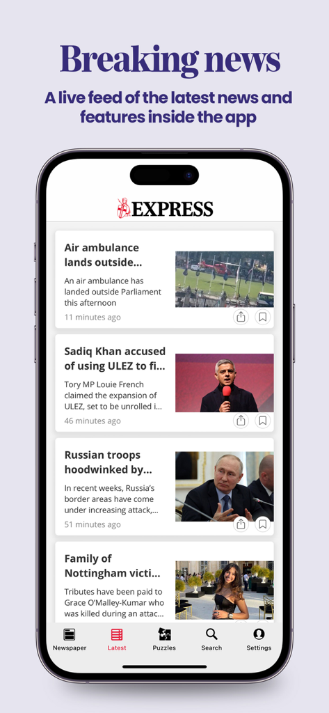 La interfaz de la aplicación Daily Express que muestra una fuente de noticias de última hora en vivo con los titulares e imágenes más recientes en un teléfono inteligente