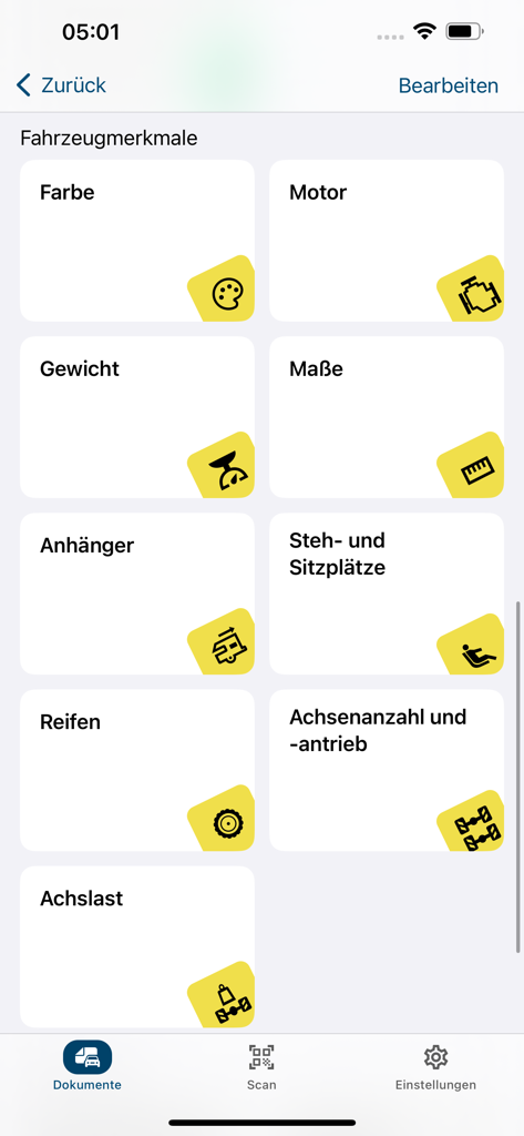 Dashboard der i-Kfz-App mit technischen Fahrzeugspezifikationen und Merkmalen