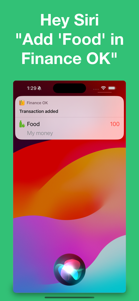 Hinzufügen einer Essensausgabe in Finance OK über einen Siri-Sprachbefehl