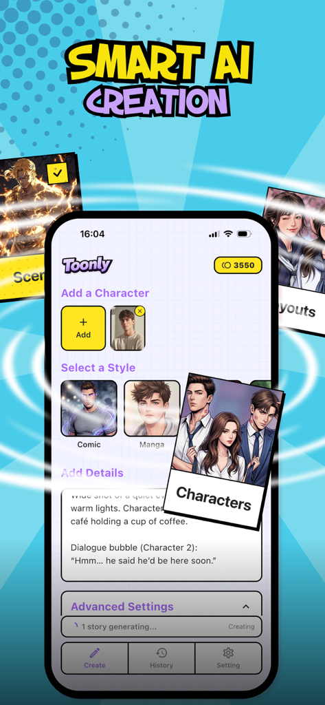 Toonly app screen showing smart AI creation features for manga and comics