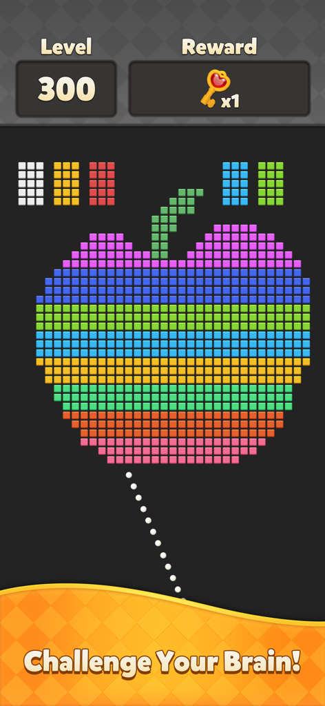 Bricks Legend - A mobile game screen from Bricks Legend showing a level with a rainbow colored apple shape made of bricks and a ball trajectory line.