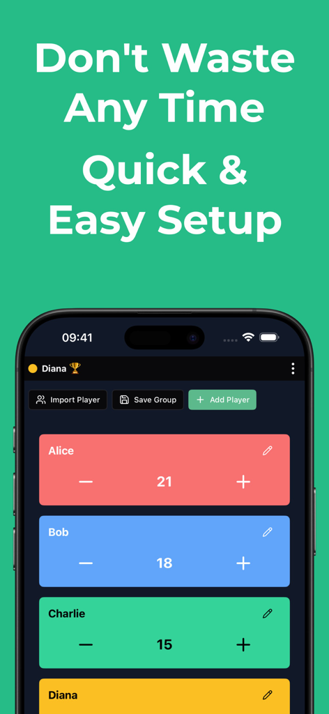 Score keeper - Scory - A mobile phone displaying the Scory app interface with colorful player cards for Alice, Bob, and Charlie and easy score adjustment buttons.