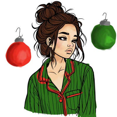 realistic woman with pajamas on and a messy bun