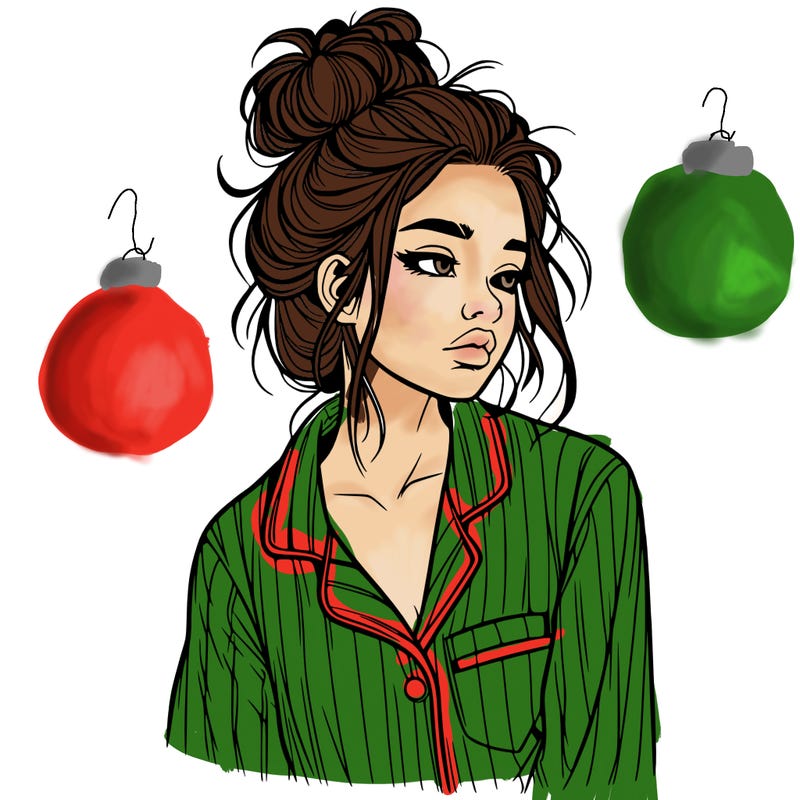realistic woman with pajamas on and a messy bun