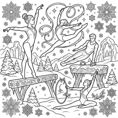 Experience the elegance and power of Olympic gymnasts as they perform stunning routines in a beautiful winter wonderland. This detailed coloring page combines athletic grace with the magic of a snowy landscape, perfect for an inspiring creative session.