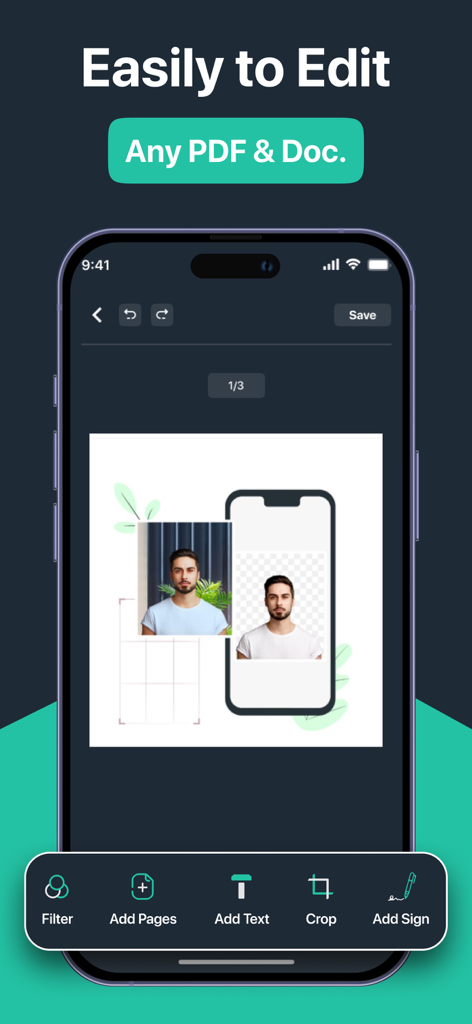 Document Scanner App. - Smartphone interface showing document editing tools for PDF and ID photos
