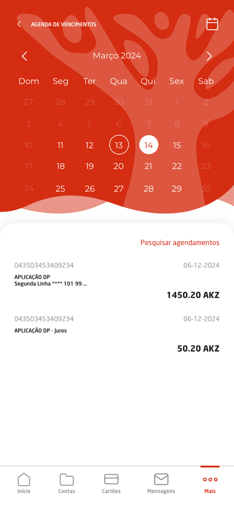 Pantalla del programa de vencimientos de la aplicación BIC Mobile que muestra un calendario y aplicaciones financieras programadas en Kwanza Angoleño