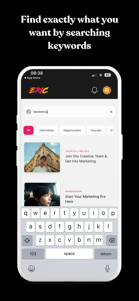 ERIC: Creative Career App - Search screen of the ERIC app showing marketing job and internship opportunities