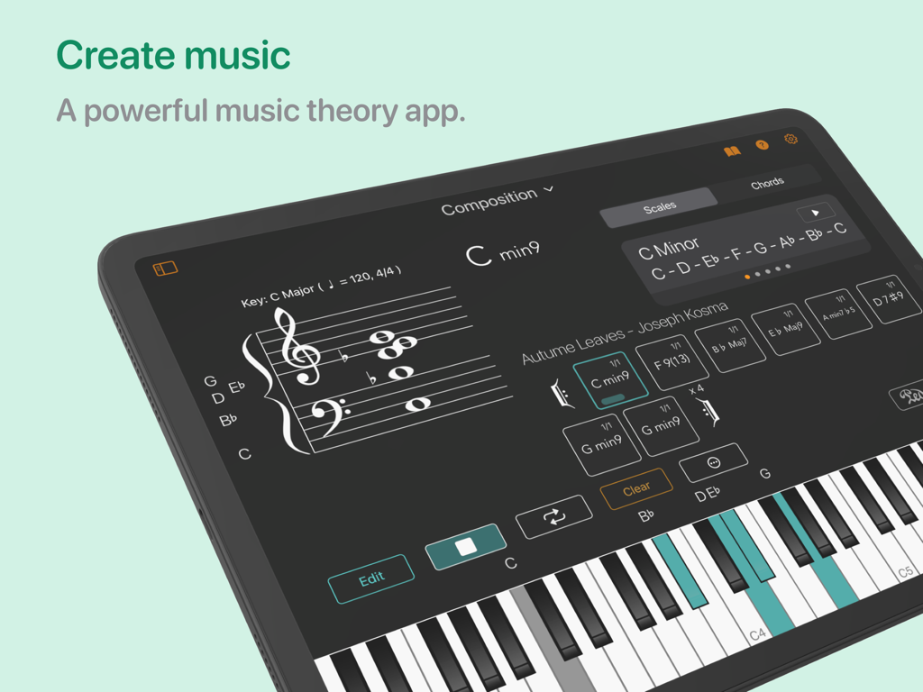 Chordio: compose & learn music - Chordio app music composition interface on iPad featuring a chord sequencer and virtual piano keyboard