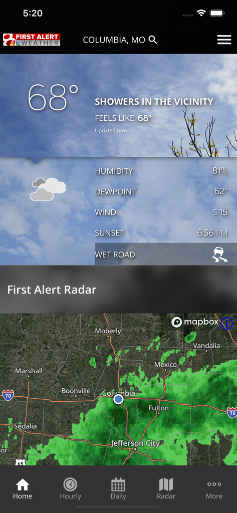 KOMU 8 Weather app showing current conditions in Columbia Missouri and a local precipitation radar map