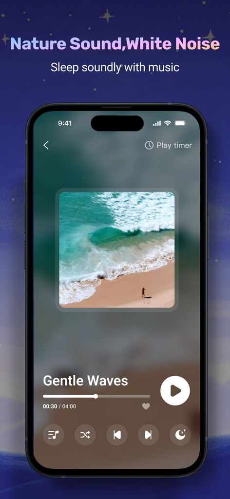 SleepTracker: Record & Improve - SleepTracker-App-Oberfläche, die einen Naturklang-Player mit einem Strandbild zeigt, der sanfte Wellen zur Entspannung wiedergibt