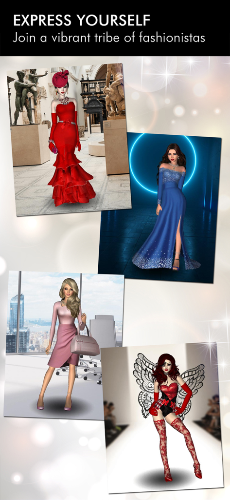 Fashion Empire - Dressup Sim - Un collage que muestra diferentes estilos de moda en Fashion Empire, incluyendo elegantes vestidos de noche, ropa de oficina profesional y disfraces de fantasía.