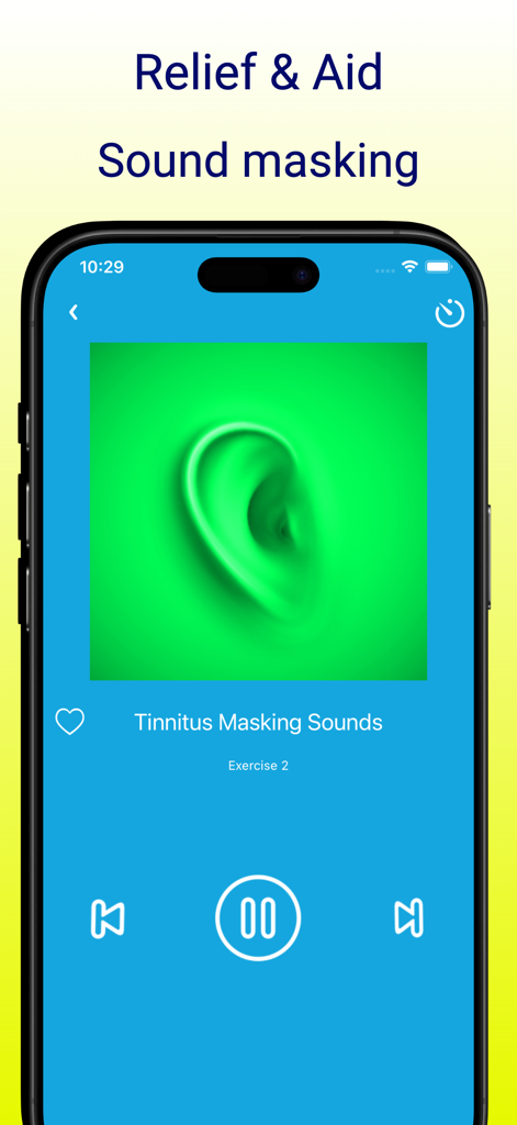 Tinnitus: resound relief & aid - Interface de aplicativo móvel mostrando um exercício de mascaramento sonoro para alívio de zumbido com uma ilustração de orelha verde