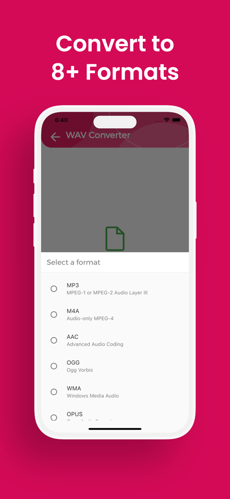 Pantalla de la aplicación móvil mostrando una lista de formatos de audio para convertir, incluyendo MP3 M4A y AAC